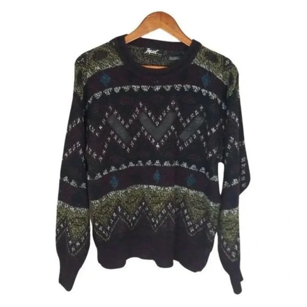 Vintage Impact Crew Neck Tribal Print Leather Trim Grandpa Sweater Sz Small